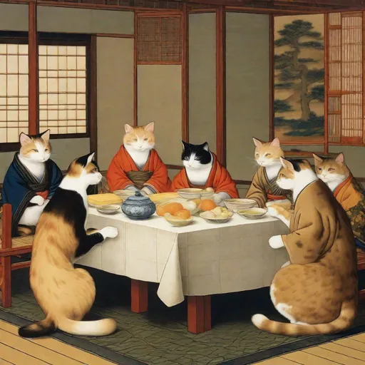 Prompt: 15th Century Japanese painting of a cats in business clothing sitting around a table eating butter and discussing business. Exquisite Detail Everything is perfectly to scale, Aesthetically Brilliant with a cool ambience HD, UHD, 8k Resolution, Vibrant Colorful Award winning 