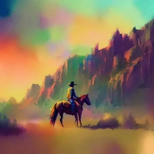 Prompt: cowboy scenery concept art colored sketch artstation pastel colors watercolor texture