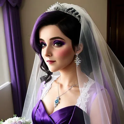 Prompt: Ethereal beautiful bride in a purple gown, white veil, dark hair, facial closeup