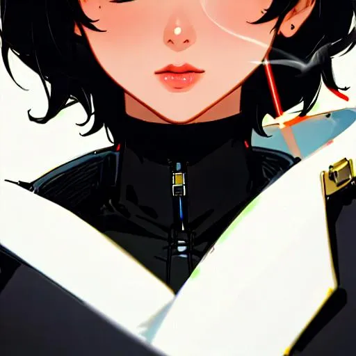 Prompt:  (female, short black hair) Smoking, 8k, UHD, Highly detailed, as a detective, close up