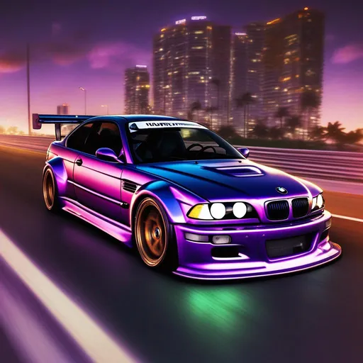 Prompt: 2001 BMW M3 E46 GTR, synthwave, aesthetic cyberpunk, miami, highway, dusk, neon lights, coastal highway, dusk, neon lights, coastal highway, sunset, drift, nurburgring, water on the road, blade runner, 64k, watercolor, macro sharp focus, 8, hyper realistic, cinematic, highly detailed, photoraelistic, clean