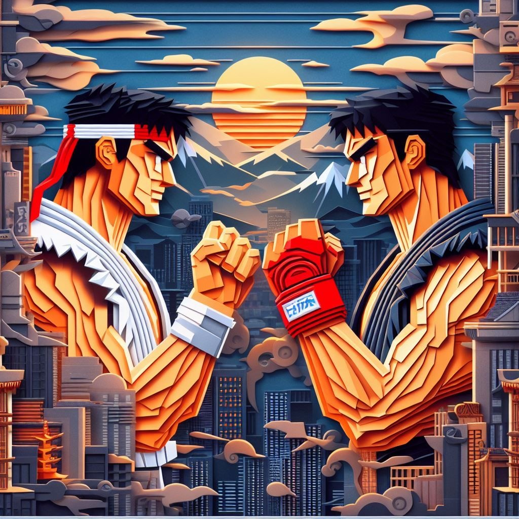 Prompt: papercut Ryu vs papercut E. Honda from streetfighter, background is a cityscape in the style of neogeo