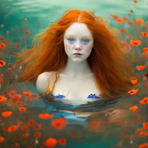 Prompt: beautiful ophelia woman with long red hair partially submerged in a lake surrounded by red poppies and wildflowers
