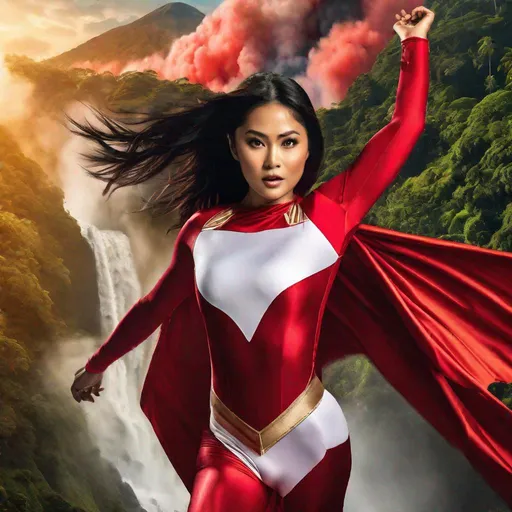 Prompt: RAW photo, athletic young Indonesian woman, 25 year old, (round face, high cheekbones, almond-shaped brown eyes, small delicate nose, long flowing black hair), tight red and white superhero costume, thigh-highs, flying, mid-air, dynamic pose, background exploding volcano, tropical forest, tropical flowers, masterpiece, intricate detail, hyper-realistic, photorealism, award–winning photograph, shot on Fujifilm XT3