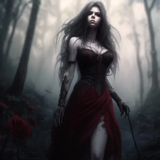 Prompt: full body view, walking, long hair, female, high fantasy, fine details, realistic shaded, looking off into a forest, grunge, dark, Unreal Engine, Beautiful, Hd Photography, Hyperrealism, long red dress, high contrast, detailed face, roses, fog, rising skeletons from the ground
