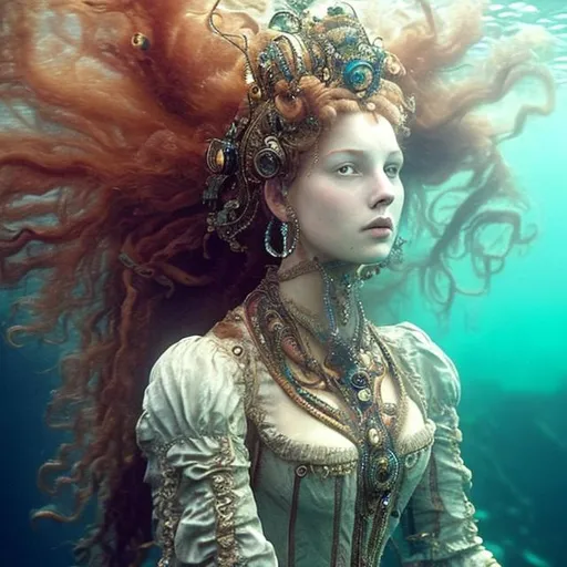 Prompt: woman in 16th century dress underwater.  hair, elaborate hair, fabric, lace, bubbles. jewels, queen.  deep water.