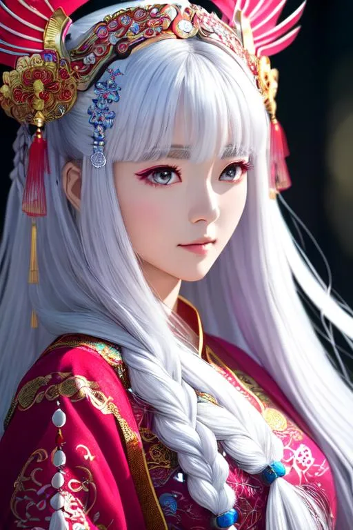 Prompt: 1 girl, close-up photo of a mystical girl [Yoona:Jung Chae Yeon:0.5], mysterious shiny silver white long hair with multiple symmetric braids, she wears a bright red colorful HanFu, intricate design, She large ancient Chinese headgear with phenix decoration and other accessories. She is perfect beautiful, long grayish blue eyes, pale white skin, cool expression.  UHD 8K, Rim light, back light, black background, the artwork is by Amano Yoshitaka and Greg Rutkowski <lora:Taiwan-doll-likeness:0.4>, Chinese ghost stories, artstation