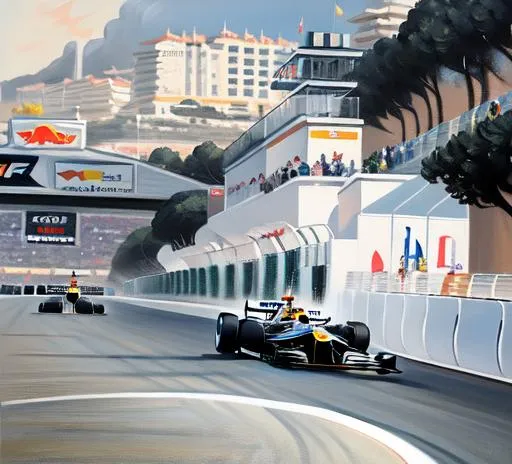 Prompt: stunning oil painting of a Formula One Car driving on racing circuit in monaco, sunset, retrofuturism poster style, inspired by Vincent Guerra, dynamic lighting, modern formula one car with 