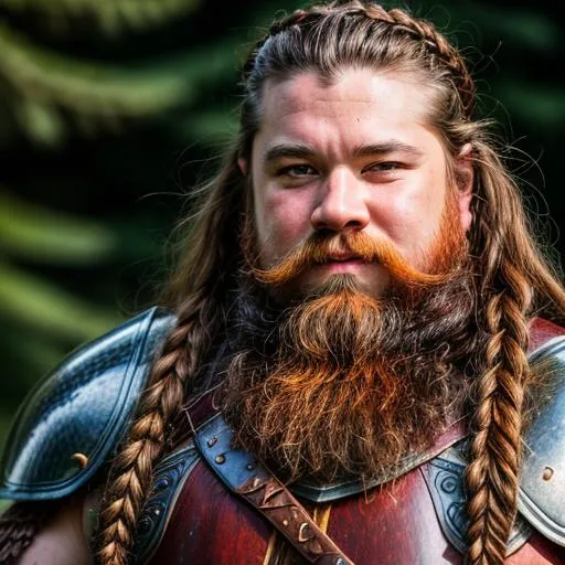 Prompt: Fantasy dwarf warrior, detailed background, intricate details, full plate armor, natural colors, long braided beard, red hair