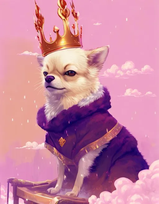 Prompt: Chihuahua Dog, Caramel Colored Eyes , Sitting in a King Chair, with a Crown, raining opaque Cashew in the 
Background with Clouds, HDR, high resolution , Poster , 4k , Studio Ghibli Art Style , Centered, Poster, Cinematic Lights, 