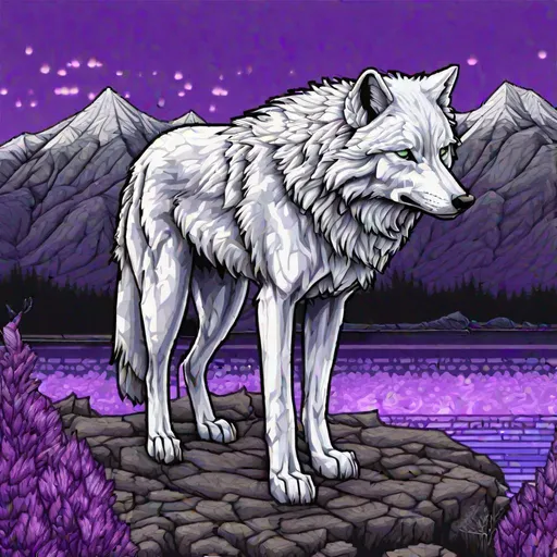 Prompt: pixel art, beautiful {white wolf}, with {silver eyes}, looking at viewer, intricate purple mountain scene, highly detailed, thin black outline, beautifully detailed shading