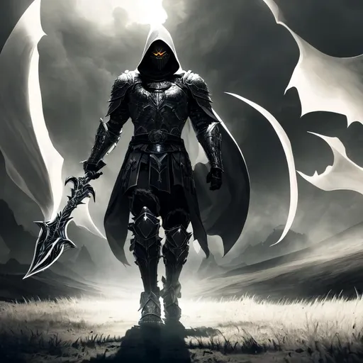 Prompt: portrait of a (Muscular male Astral god killer With White Skin, white skin, has silver eyes), Wearing Black Plate armor with a Hood over head, armor has dark strands of corruption weaving throughout. Black Hood, The black armor shoulder Grieves have Shadow wolfs screaming out of them on the shoulder. Dead Plain Background with details like shadow, smoke and black Grass. D&D Setting, perfect composition, hyperrealistic, super detailed, 8k, high quality, trending art, trending on artstation, sharp focus, studio photo, intricate details, highly detailed, by greg rutkowski and alphonse mucha (holding a red sword glowing blood red) 
