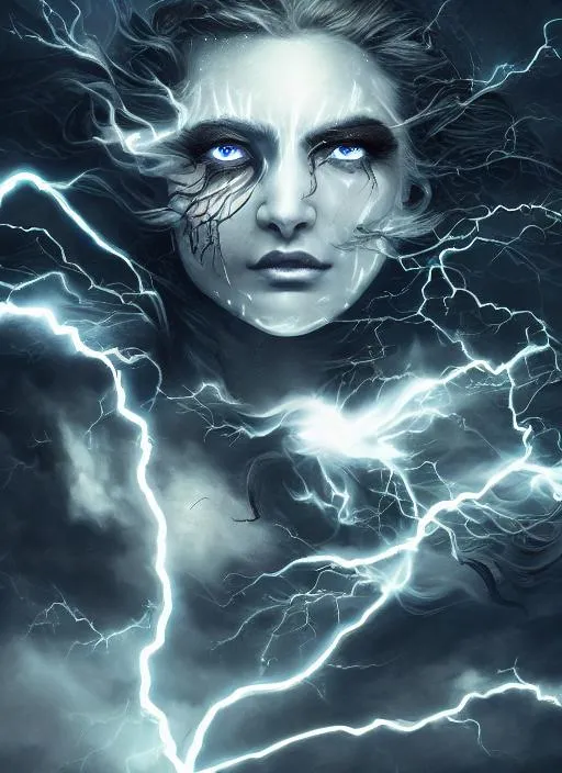 Prompt: Portrait of a lightning enchantress woman with a white highlight in her hair and pink eye irises, {in a thunderstorm}, perfect composition, hyperrealistic, super detailed, 8k, high quality, trending art, trending on artstation, sharp focus, studio photo, intricate details, highly detailed