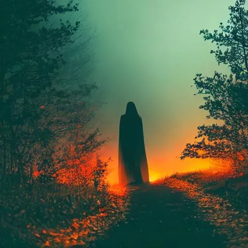 Prompt: Evil goddess walking through dark woods, red sky, fog, High quality 