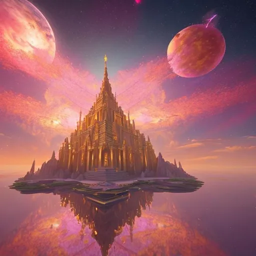 Prompt: A breath taking view of The temple of the spirit realm floating in the sunny sky surrounded by pink and gold cosmic space dust fantasy 100k realistic beautiful dream