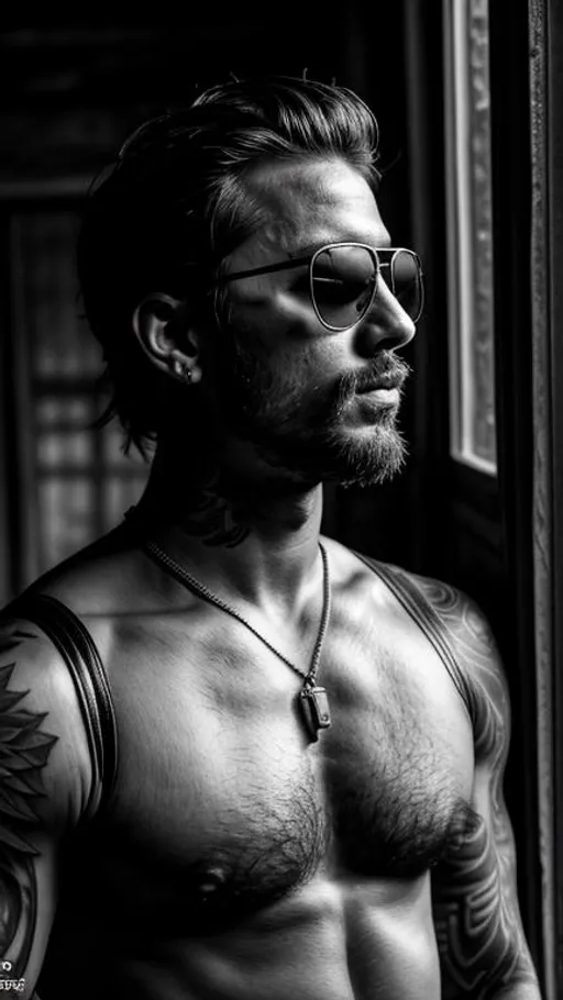 Prompt: Sensual, tattooed, shirtless, rustic  man from a random country, wearing sunglasses and a intricate leather harness, in an abandoned place near a window, cinematic, close-up portrait, grayscale, hyperrealistic, hyperdetailed, ambient light, perfect composition, provocative, textured skin, high contrast, profile portrait, ultra HD.