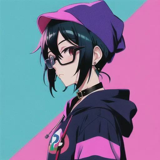 Pop girl, big earrings, profile, colorful hoodie, glasses - Prompt