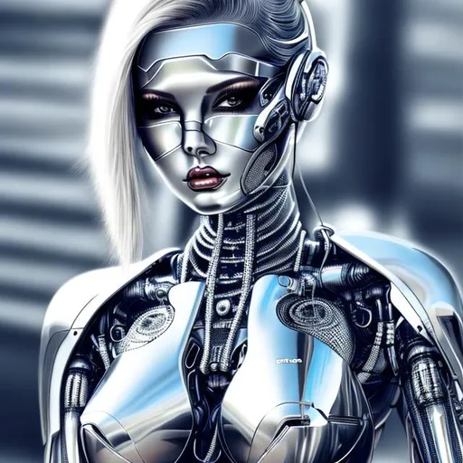 Prompt: Sexy, feminine, chrome robot, UHD, Hyper realistic, 8K, Photo, H. R. Giger style background, cyborg, female, attractive, Hajime Sorayama style robot woman,