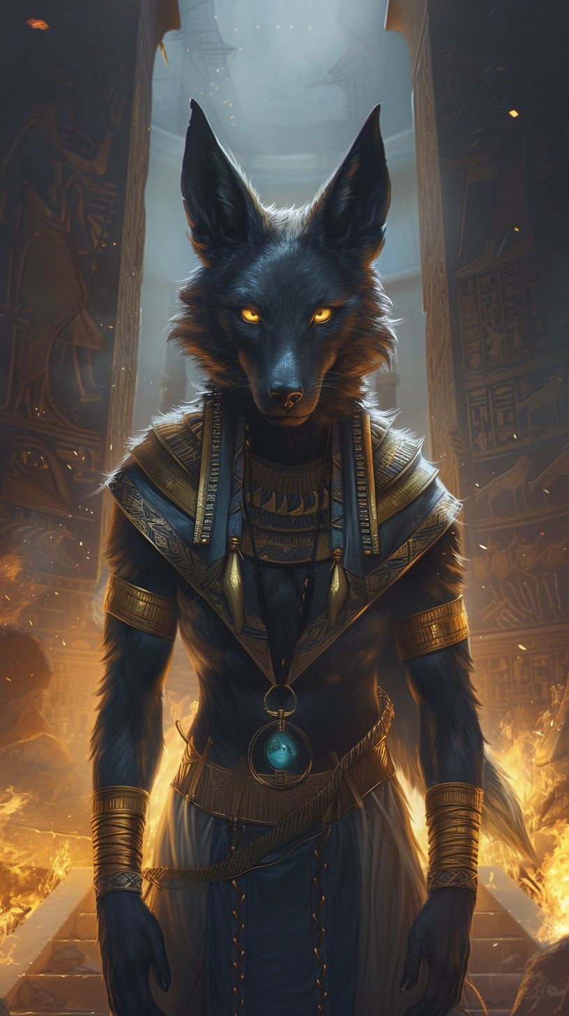 Prompt: furry, a slender black jackal, the god anubis, golden eyelinder, bright golden eyes, anthropromorphic, detailed fuzzy fur, Egyptian Jewelery, blue and gold arm bracers, golden loin cloth, in a dark temple being lit up by a giant flaming caudren, long/tall pointed ears, long majestic pointed (Borzoi) muzzle, --ar 16:9 --s 10 --c 2