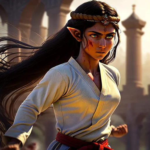 Prompt: (Hyperrealistic highly detailed wide shot photography of Morya the martial artist female gladiator in arena stadium)
Beautiful, elven, dirty, dusty, athletic, agile, fast, strong-willed, determined eyes, focused, huge scars, very long black hair, silver eyes, tattered clothes, barely covering clothes, shackles, blood, sweat, fighting stance. Fantasy. Antiquity.  Ready to fight. Karate. Kung fu. Martial art.
Public. gladiators. Starry nights.