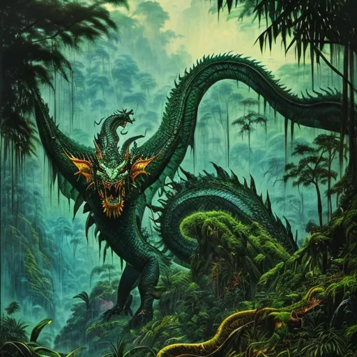 Prompt: Landscape painting, lush and dark jungle, one Asian dragon with green scales, dull colors, danger, fantasy art, by Hiro Isono, by Luigi Spano, by John Stephens