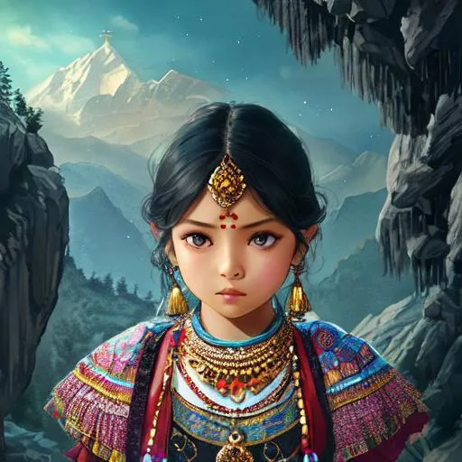 Prompt:  young 9-year-old Nepali girl in traditional clothing and jewelry. grimace, stoic expression. She looks south asian with monolids, and short black hair. illustration, digital art, soft watercolor, traditional aesthetic, fantasy, beautiful, artstation, deviantart, highly detailed, hyper realistic, 8k, high definition, flare, blur, cinematic.