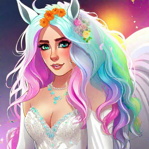 Prompt: Haley  as a demon horse hybrid (bright multi-color hair) (multi-color eyes) wearing a wedding dress