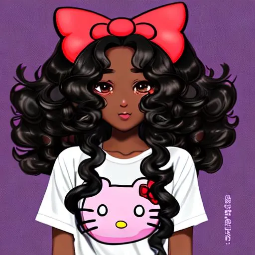 Prompt: a cute girl with dark skin, big glossy lips, huge curly front and back hair covering her eyes.( wearing a long shirt and hello kitty related clothing  animated)
