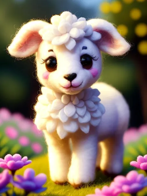 Prompt: Disney Pixar style needle felted cute lamb, highly detailed, fluffy, intricate, big eyes, adorable, beautiful, soft dramatic lighting, light shafts, radiant, ultra high quality octane render, daytime forest background, field of flowers, bokeh, hypermaximalist