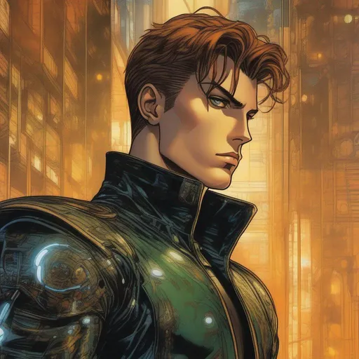 Prompt: A masculine scifi european cyborg soldier. very short bright brown slicked back pompadour undercut hair with shawed sides and light chestnut highlights, round face, broad cheeks, glowing eyes, wearing a black retro futuristic leather jackett with droid armour underneath, Ghost in the shell art. Masamune Shirow art. anime art. Leiji Matsumoto art. Akira art. Otomo art. 2d. 2d art.