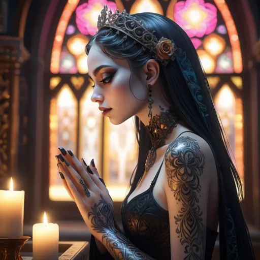 Prompt: (gothic girl),  side view, praying at an alter, turning to look at viewer in dynamic motion, beautiful features, (big bright eyes), intricate body art, mesmerizing opalization, radiant filigree patterns, super detailed with fine intricacies, vivid color palette, (highly artistic graphic art), ethereal lighting, enchanting atmosphere, (best quality, ultra-detailed), cinematic depth, captivating elegance.