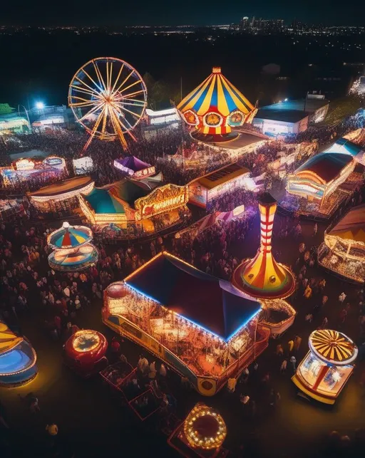 Prompt: A busy carnival midway at night filled with colorful rides, games, and lights. Shot from above using a wide angle lens to capture the energy and crowds. Vibrant, exciting mood. 