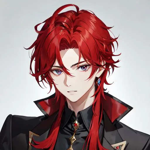 Prompt: Zerif 1male (Red side-swept hair covering his right eye) wearing a royal suit