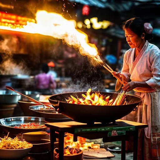 Prompt: Create an intimate and atmospheric close-up scene of a Thai lady cooking in a traditional wok at a bustling river market. Capture the flickering glow and gentle heat, creating a warm and inviting atmosphere. Focus on the sizzling Pad Thai in a single wok, with rising steam enveloping the dish and partially obscuring the ingredients, adding an alluring and mysterious ambiance. Infuse the artwork with warm tones and evoke the rich flavors and aromas of Pad Thai. This close-up portrayal intensifies the connection between viewers and the culinary artistry, inviting them to savor the anticipation and excitement of tasting the exquisite dish. Aim for a realistic and evocative artwork that celebrates the convergence of culture, flavors, and the cool-hearted Jai Yen spirit. Let your artistic talents shine as you bring this captivating river market scene to life!