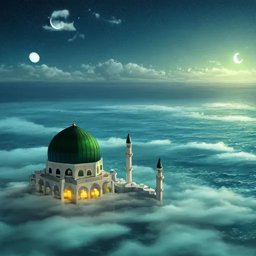 Prompt: Ocean surface as ground, a simple mosque on clouds in the sky, night sky with half moon in background, with blue-green color theme