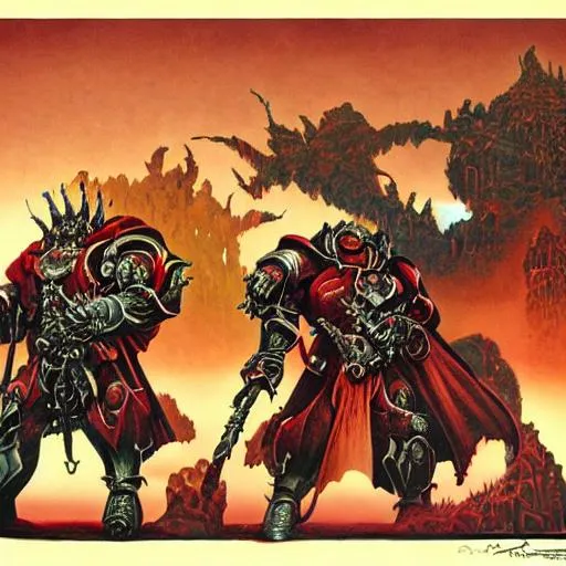 Prompt: Word Bearers (Warhammer) at the style of Roger Dean.