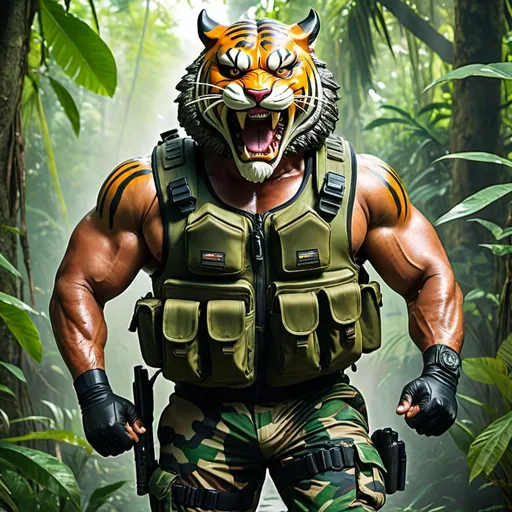 Prompt: (a dark-skinned bearded fat old man in army camouflage zipper diver suit) (wearing proportionate realistic angry roaring tiger mask that show the wearer eyes), carrying a gun holster on his right hip, walking in jungle, muscular, Basuki Abdullah, sumatraism, very muscular physique, imposing stature, action, a character portrait, heroic, fierce, snarling, best quality
