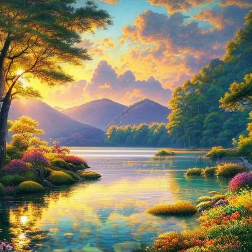 Prompt: In this beautiful landscape, nature's artistic prowess unfolds before our eyes, painting a picture of serenity and harmony.

A pristine lake shimmers under the golden rays of the sun, its crystal-clear waters reflecting the vibrant hues of the surrounding scenery. The gentle ripples on the surface create a mesmerizing dance of light, adding a touch of magic to the tranquil scene.

Lush, emerald-green meadows stretch as far as the eye can see, adorned with a vibrant tapestry of wildflowers that sway in the gentle breeze. Their delicate petals display a kaleidoscope of colors, from fiery reds to soft pastels, creating a breathtaking carpet of natural beauty.

Towering mountains, their majestic peaks kissed by wisps of clouds, form a majestic backdrop to this idyllic landscape. Their rugged slopes are adorned with cascading waterfalls, their ethereal melodies adding a soothing soundtrack to the tableau.

A forest of ancient trees stands tall and proud, their canopies providing shade and shelter to a diverse array of wildlife. Birds sing their melodic tunes, filling the air with their joyful songs, while butterflies flutter among the blossoms, their delicate wings adding splashes of vivid color to the scene.

As the day slowly fades, the sky transforms into a canvas of celestial artistry. Hues of pink, orange, and purple blend seamlessly, creating a breathtaking sunset that paints the horizon in a palette of radiant colors. The last rays of sunlight illuminate the landscape, casting a warm, golden glow that embraces the surroundings with a sense of serenity and tranquility.

In this picturesque landscape, time seems to stand still, inviting us to pause and immerse ourselves in the beauty of the natural world. It is a place where the soul finds solace, where the senses are awakened, and where one can truly appreciate the wonders that Earth has to offer.
