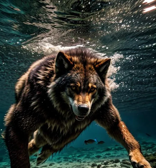 Prompt: Werewolf swimming underwater 