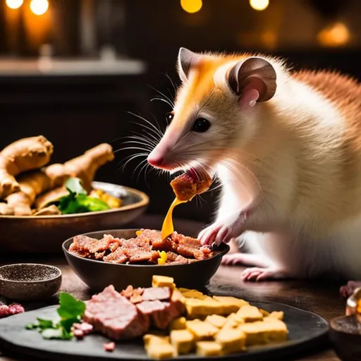 Prompt: massive ginger possum eating meat while dancing

