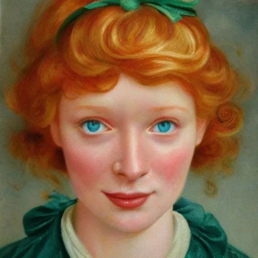 Prompt: very detailed, portrait of a strawberry blonde irish woman, green-blue eyes, with a gentle smile showing white teeth, thin face, high cheek bones
 