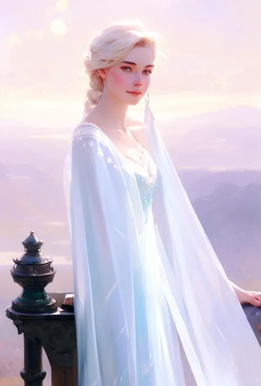 Prompt: Elsa staring out into the horizon,  perfect features, extremely detailed, realistic. Krenz Cushart + loish +gaston bussiere +craig mullins, j. c. leyendecker +Artgerm