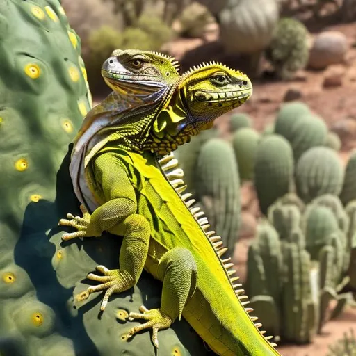 Prompt: yellow iguana climbing on a big, round Mexican cactus