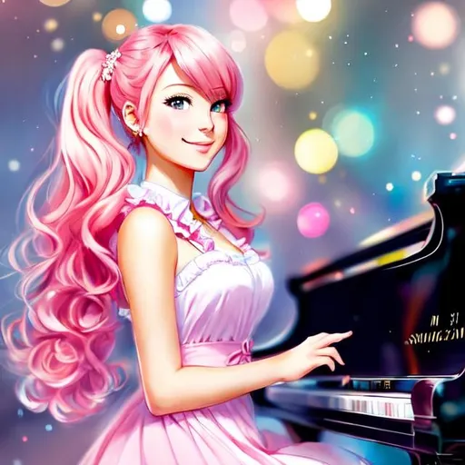 Prompt: A anime like drawing of a woman with pink hair and a kind smile. She plays the piano.  As magic swirls around her. Hair up in two pigtails.