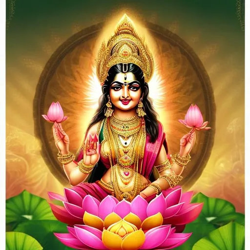 Prompt: The goddess lakshmi with indian face in happy mood seeing mobile. lotus flower, money bags in it