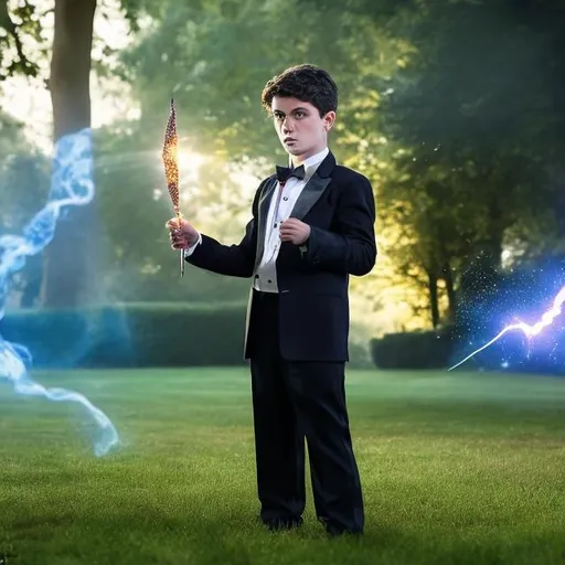 Prompt: 13 year old boy in a polo scared of a year old boy in a tuxedo casting a sparkly magic spell on him with his magic wand. Setting is a park