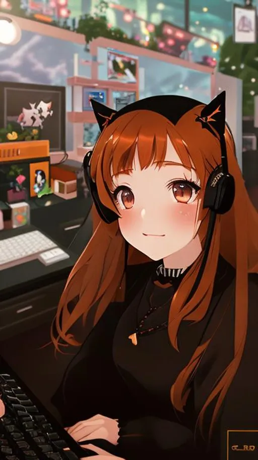 Prompt: (masterpiece:1.1, best quality:1.1), (anime art), centered, looking toward camera, Instagram able, dynamic pose, focused shot, close up shot front view, 1girl, (woman, long ginger hair, playing computer game, gothic lolita dress, near 1 black cat), cozy room background, 2D illustration, (epic composition, epic proportion), ultimate detailed, professional work,
