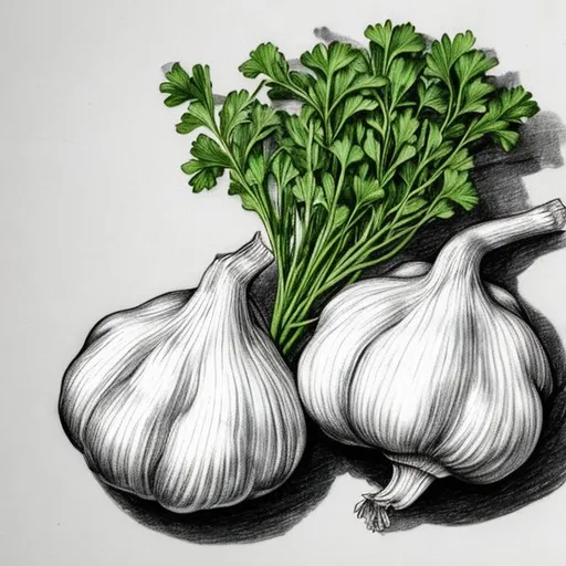 Prompt: A drawing of one garlic with one parsley leave on the left side
