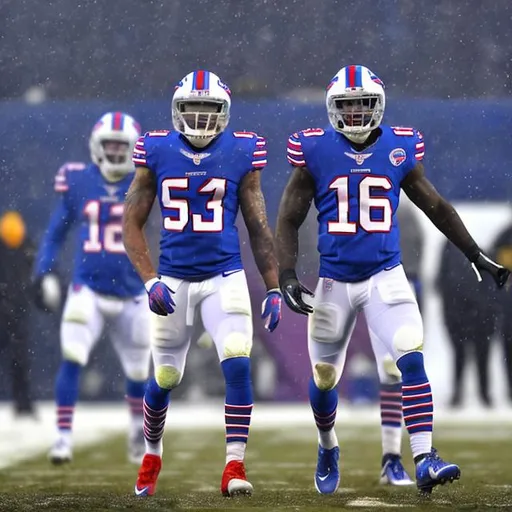 Prompt: The Buffalo Bills NFL Football Team is destroying the Pittsburg Steelers NFL football team on a snowy field in Orchard Park, New York Highmark Field there are Blizzard conditions on the field and the Buffalo Bills are winning the game. Josh Allen and Stefon Diggs and Jordan Poyer are celebrating and dominating the field