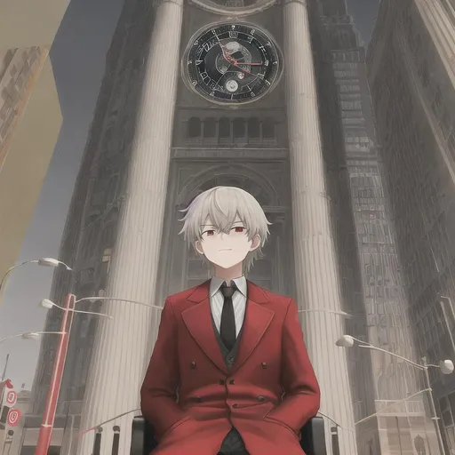 Prompt: Limbus_company, clock_head, bus, sit, dark,head_is_clock,clock_man, red_coat, red_clock_watch, clock_watch_head, red_necktie, dante, head is clock, clock head 